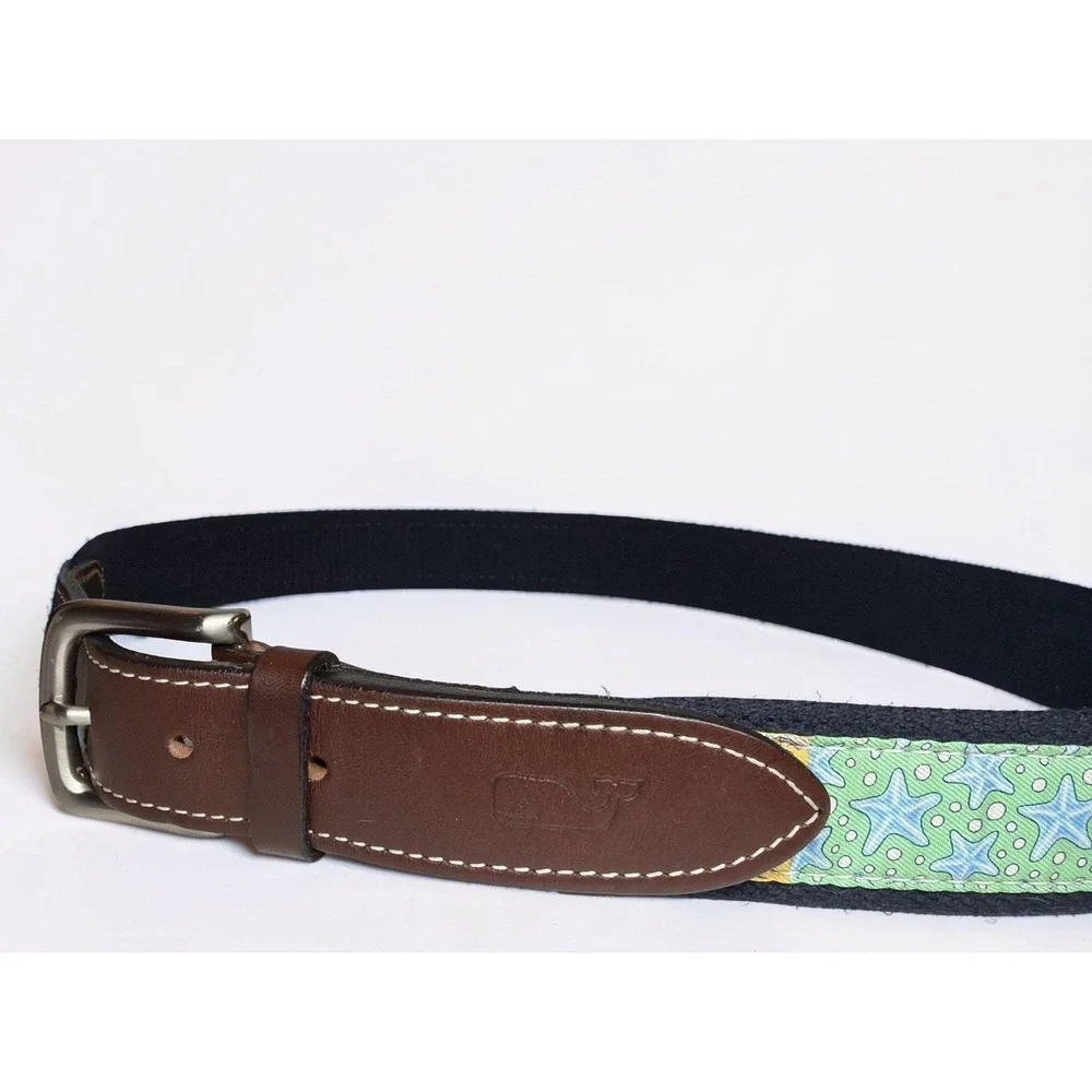 Vineyard Vines Whale Belt Canvas Leather Fish Starfish Anchor Preppy Sz 32 Lk Nw